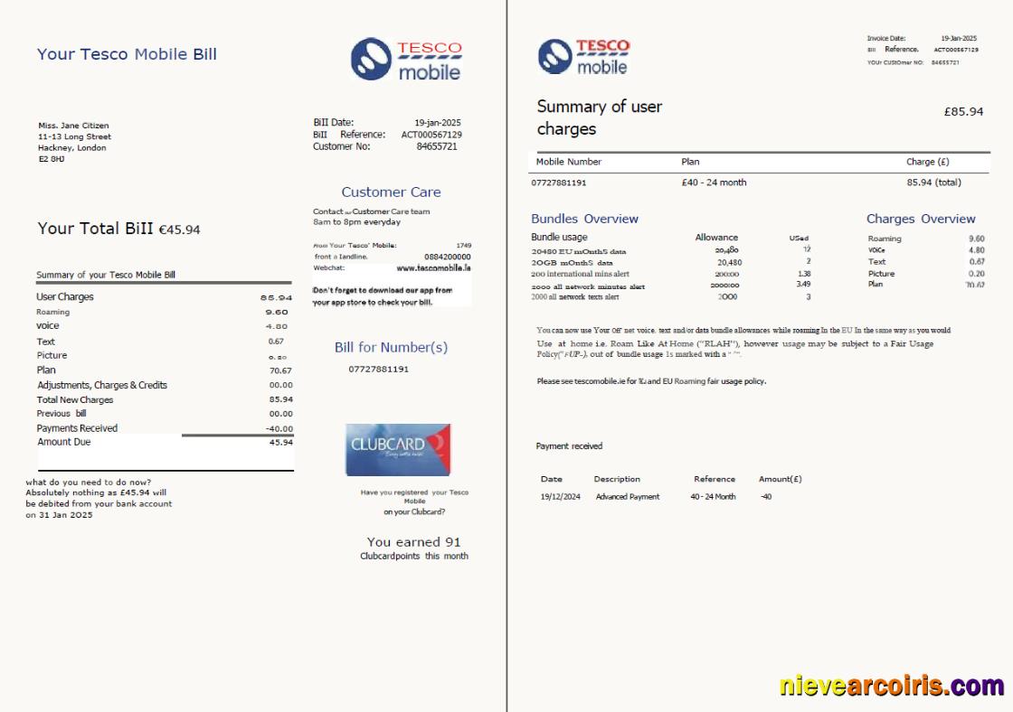 United Kingdom Tesco Mobile utility bill, 2 pages, version 2